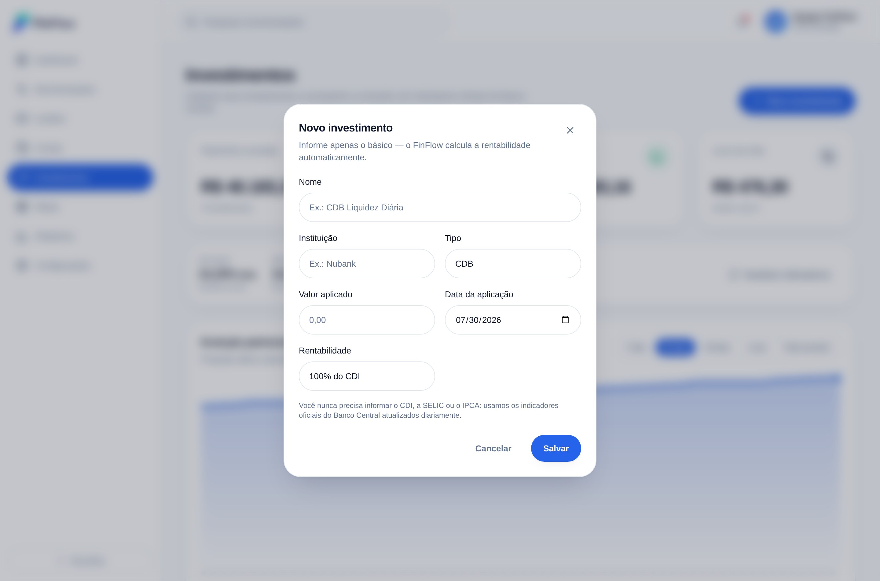 Cadastro de um CDB no FinFlow com instituição, valor, data e rentabilidade